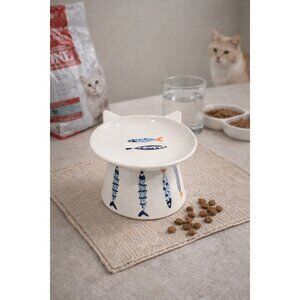 New MCM Blue Orange Sardines Fish Ceramic Cat Shaped Head Pedestal Food Bowl